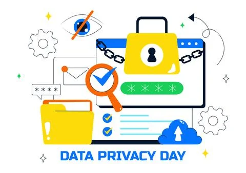 Data Privacy Vector Illustration Featuring Cybersecurity with a Lock on Scr.. Stock Illustration