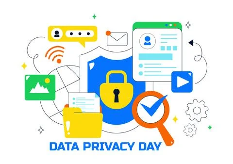 Data Privacy Vector Illustration Featuring Cybersecurity with a Lock on Scr.. Stock Illustration