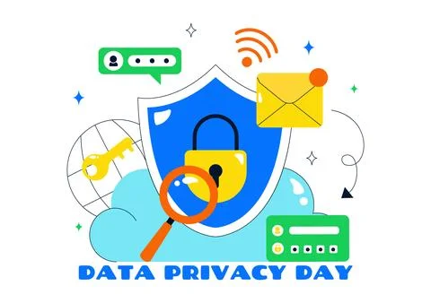 Data Privacy Vector Illustration Featuring Cybersecurity with a Lock on Scr.. Stock Illustration