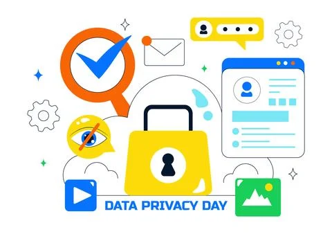 Data Privacy Vector Illustration Featuring Cybersecurity with a Lock on Scr.. Stock Illustration