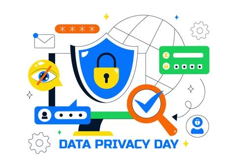 Data Privacy Vector Illustration Featuring Cybersecurity with a Lock on Scr.. Stock Illustration