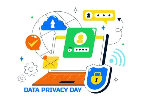 Data Privacy Vector Illustration Featuring Cybersecurity with a Lock on Scr.. Stock Illustration