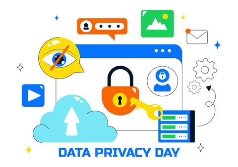 Data Privacy Vector Illustration Featuring Cybersecurity with a Lock on Scr.. Stock Illustration