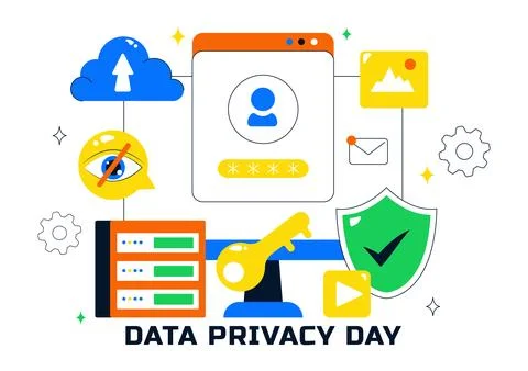 Data Privacy Vector Illustration Featuring Cybersecurity with a Lock on Scr.. Stock Illustration