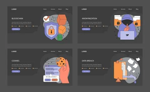 Data privacy web banner or landing page dark or night mode. Cyber Illustrazione stock