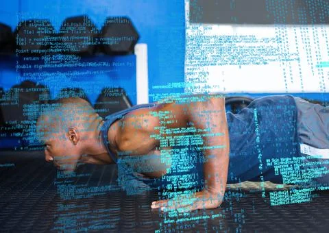 Data processing against african american fit man performing push up exercise at Stock Photos