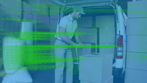 Data processing against caucasian delivery man stacking delivery boxes in his Stock Footage 157929797
