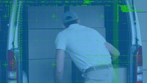 Data processing against caucasian delivery man removing delivery boxes from his Stock Footage 157929819