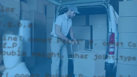 Data processing against caucasian delivery man stacking delivery boxes in his Stock Footage 157929859