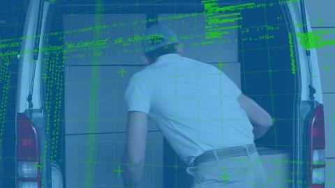 Data processing against caucasian delivery man removing delivery boxes from his Stock Footage 157929875