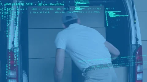 Data processing against caucasian delivery man removing delivery boxes from his Stock Footage 157929988