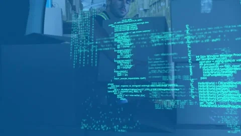 Data processing against caucasian delivery man stacking delivery boxes in his Stock Footage 157929991