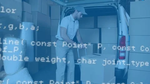 Data processing against caucasian delivery man stacking delivery boxes in his Stock Footage 157930059