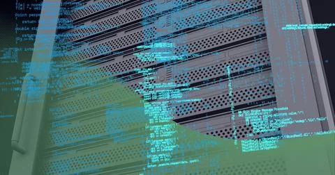 Data processing against computer server against green technology background Illustrazione stock