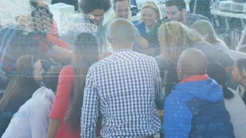 Data processing against diverse office colleagues stacking hands at office Stock Footage 162933203