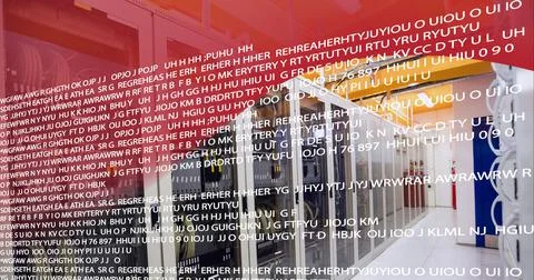 Data processing against empty computer server room against red technology Foto stock