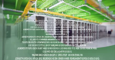 Data processing against empty computer server room against green technology Foto stock