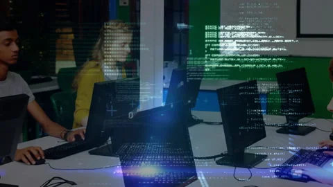 Data processing against group of students using computers at school Stock Footage 141472134