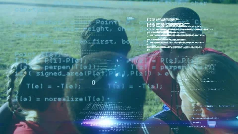 Data processing against male coach with group of kids stacking hands Stock Footage 141534661