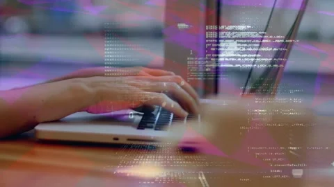 Data processing against mid section of woman using laptop at a cafe Stock Footage 328407298