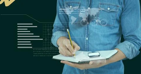 Data processing against mid section of a man writing on clipboard at office Stock Photos