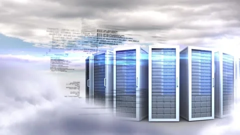 Data processing against multiple computer servers and clouds in the sky Stock Footage 197383349