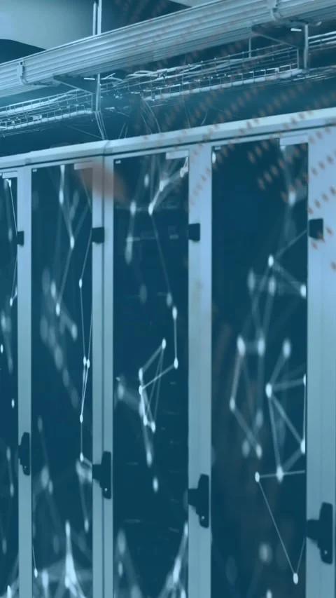 Data processing against network of connections over computer server room Stock Footage 342641592