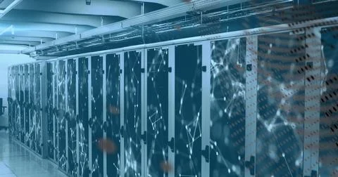 Data processing against network of connections over computer server room Stock Photos