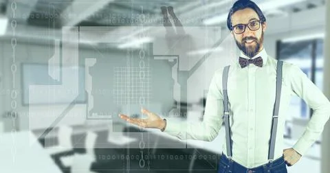 Data processing against portrait of caucasian man holding an invisible object at Stock Photos