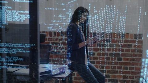 Data processing against portrait of indian woman using digital tablet at office 스톡 동영상 148759691