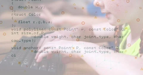 Data processing and abstract shapes against caucasian girl using computer at Stock Footage 328145033