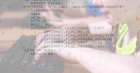 Data processing and abstract shapes against caucasian girl using computer at 写真素材