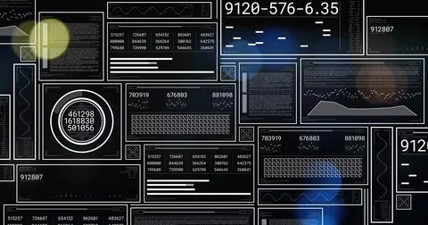 Data processing and analysis image over various digital interface screens Illustrazione stock
