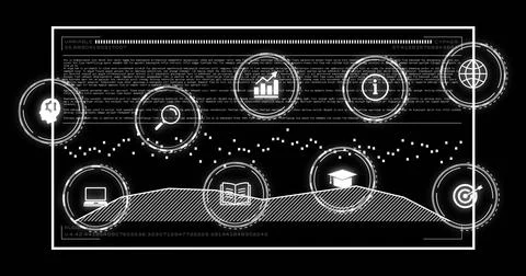 Data processing and analysis image over various icons and text on black Stockillustratie