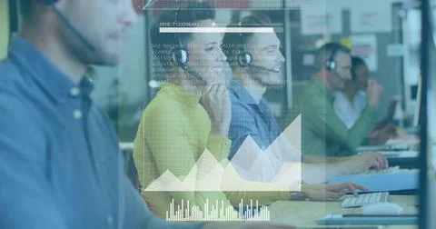 Data processing and analytics image over diverse customer service Stock Photos