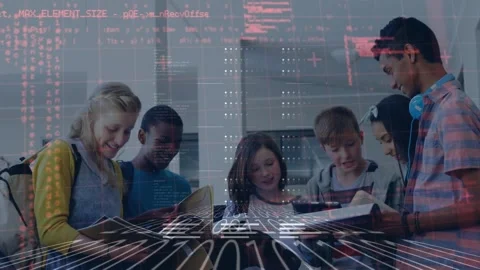 Data processing and binary coding over group of diverse kids studying at school Stock Footage 330254367