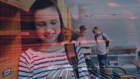 Data processing and binary coding over caucasian girl smiling while using 库存影片 330735204