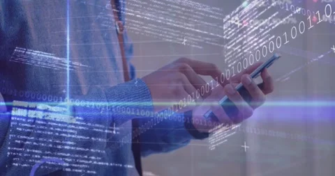 Data processing and blue light trails against mid section of a man using Stock-Footage 328412531