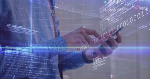 Data processing and blue light trails against mid section of a man using Stock Photos