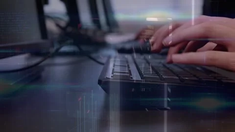 Data processing and blue spot of light against mid section of woman using Stock Footage 330412733
