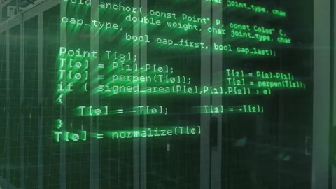 Data processing and computer code animation over glass windows in modern Stock Footage 303463168