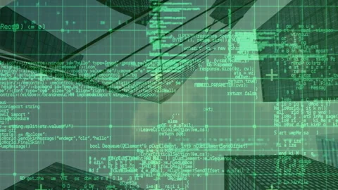 Data processing and computer code animation over city skyscrapers Stock Footage 304102363