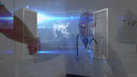 Data processing and computer servers against caucasian male senior doctor Stock Footage 327003743