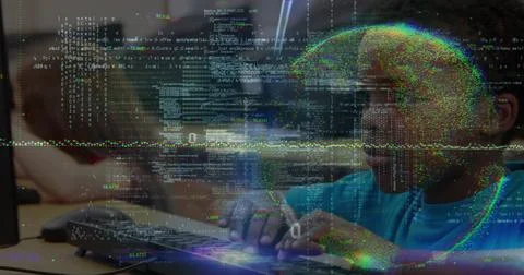 Data processing and globe against portrait of african american boy using 写真素材