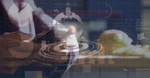 Data processing and globe over a round scanner against mid section of a person Stock Photos