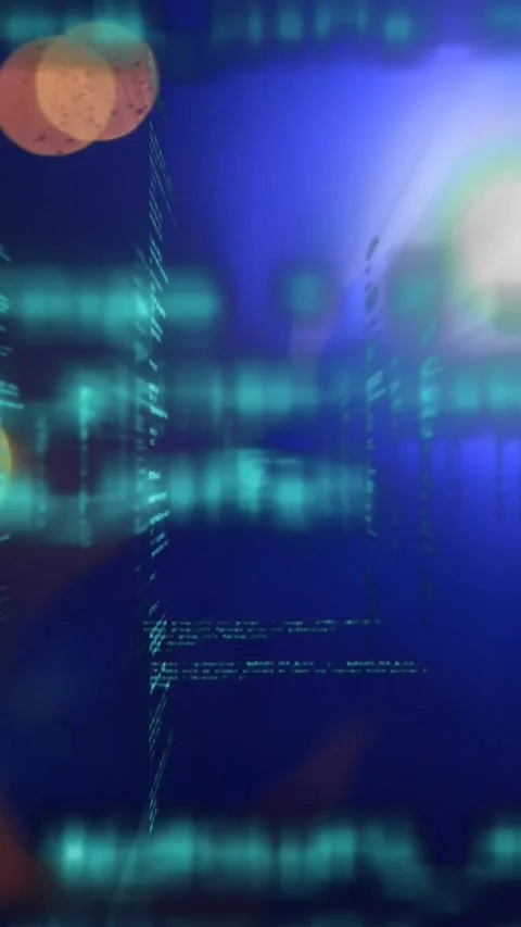 Data processing and glowing spots of light against male hacker using torch Stock Footage 343641527