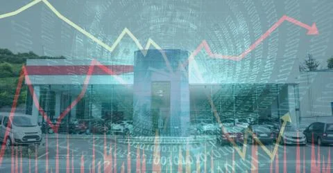 Data processing and graphs with cars dealerships in background Stock Photos