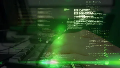 Data processing and green spot of light against person typing on keyboard Stock Footage 141471906