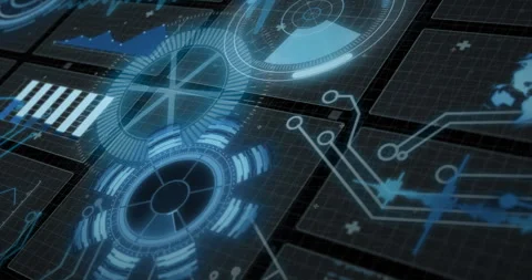 Data processing and holographic animation on futuristic digital interface over Stock Footage 304101711