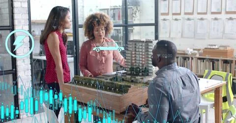 Data processing and media icons over diverse architects discussing building Fotos de archivo